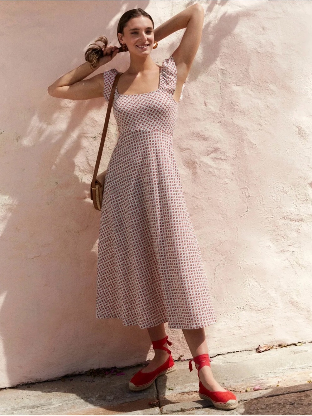 Boden Frill Detail Jersey Midi Dress Vermillion Bloom Bud Size 6